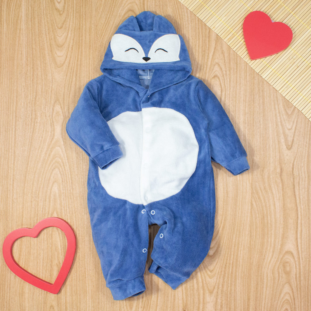 MACACÃO LONGO EM PLUSH PARA BEBÊ CAPUZ BORDADO RAPOSA AZUL