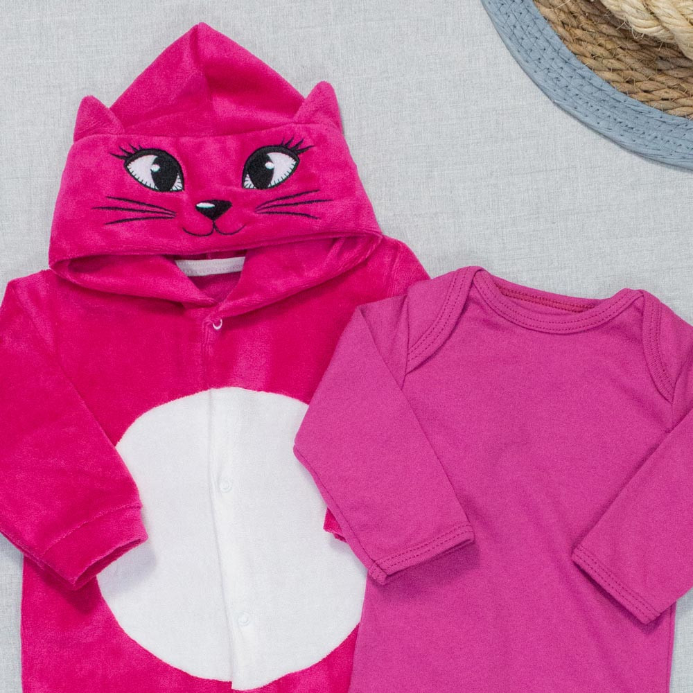 Macacão para Bebê Plush e Body Suedine Conjunto Gatinha Pink