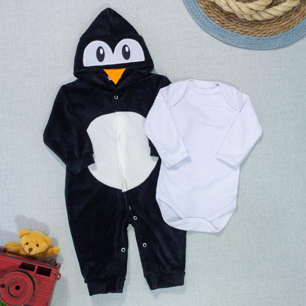 Macacão para Bebê em Plush e Body em Suedine Pinguim Preto