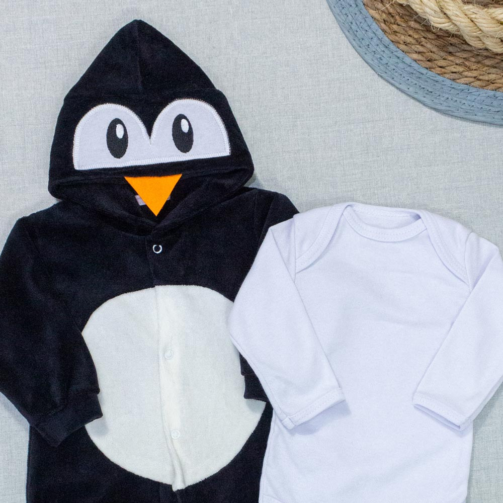 Macacão para Bebê em Plush e Body em Suedine Pinguim Preto