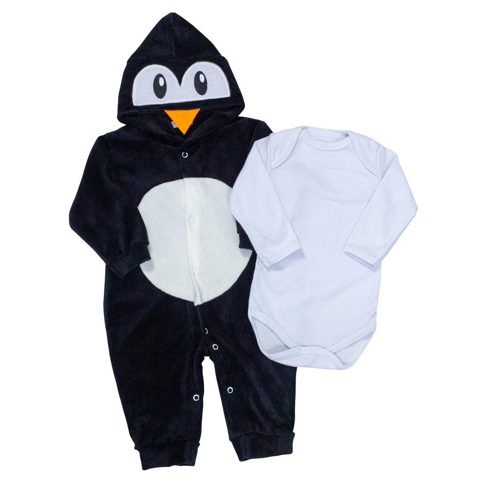 Macacão para Bebê em Plush e Body em Suedine Pinguim Preto