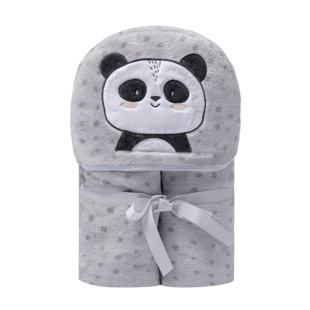COBERTOR MICROFIBRA PARA BEBÊ COM CAPUZ BORDADO PANDA CINZA