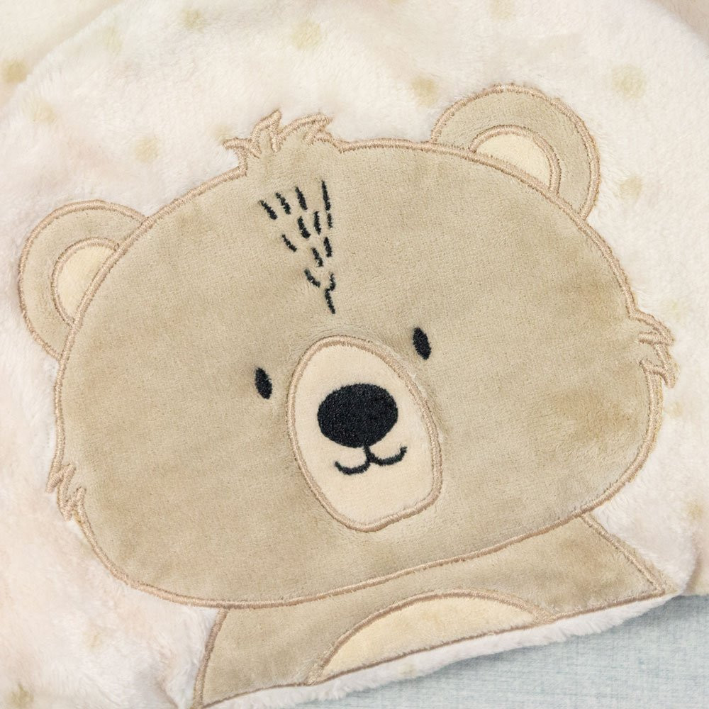 COBERTOR MICROFIBRA PARA BEBÊ COM CAPUZ BORDADO URSO BEGE