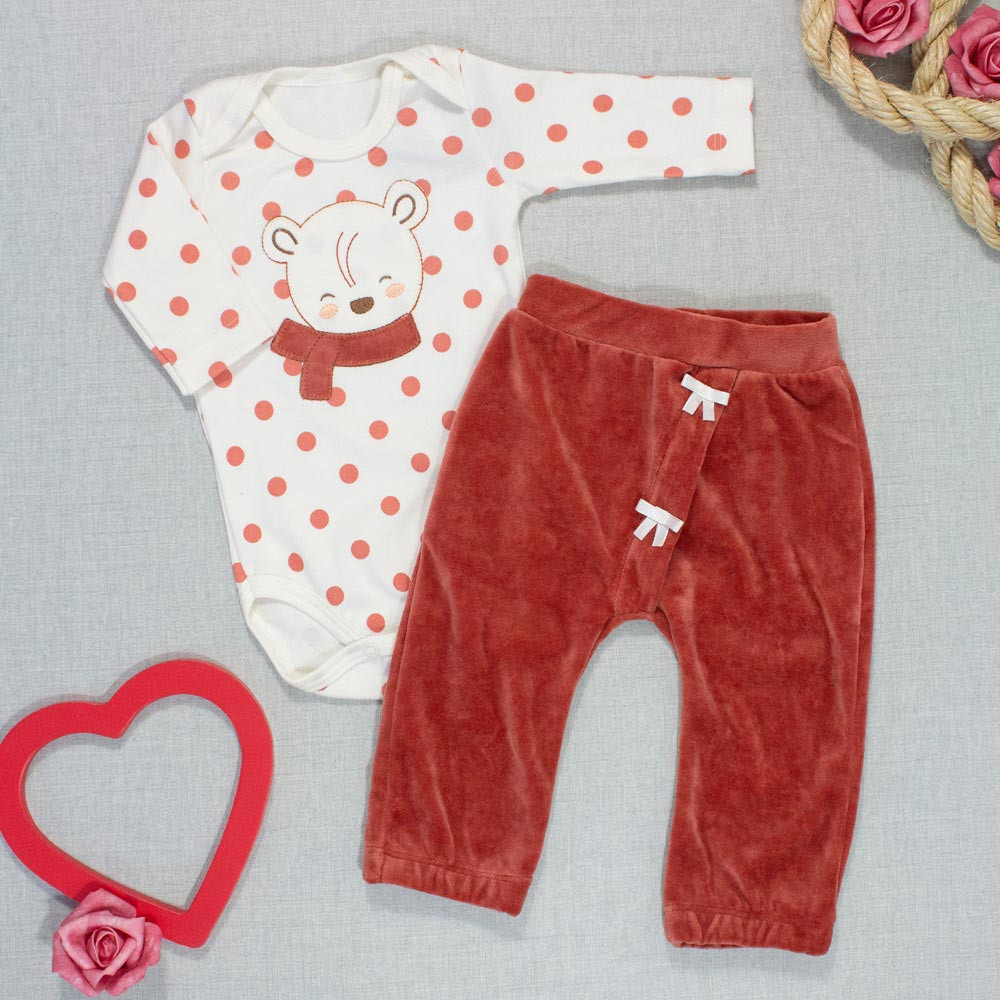 Conjunto Bebê Menina Bordadinho Ursinha Creme até 10 Meses
