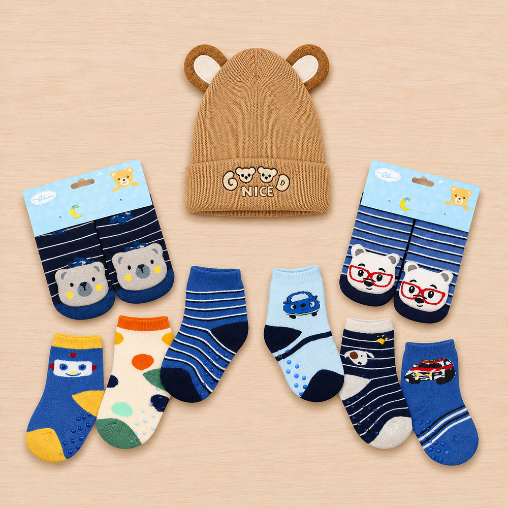 Kit Inverno Bebê 7 Peças Conjunto Moletom Touca Pantufa Meias Mescla Dino de 0 a 12 Meses