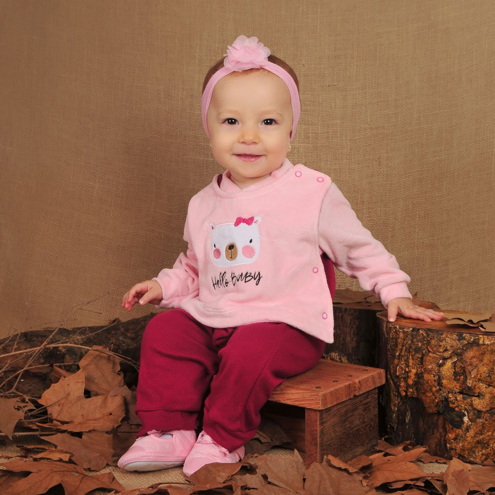 MACACÃO PARA BEBÊ HÍBRIDO SUEDINE COM PLUSH BORDADO URSINHA ROSA CLARO
