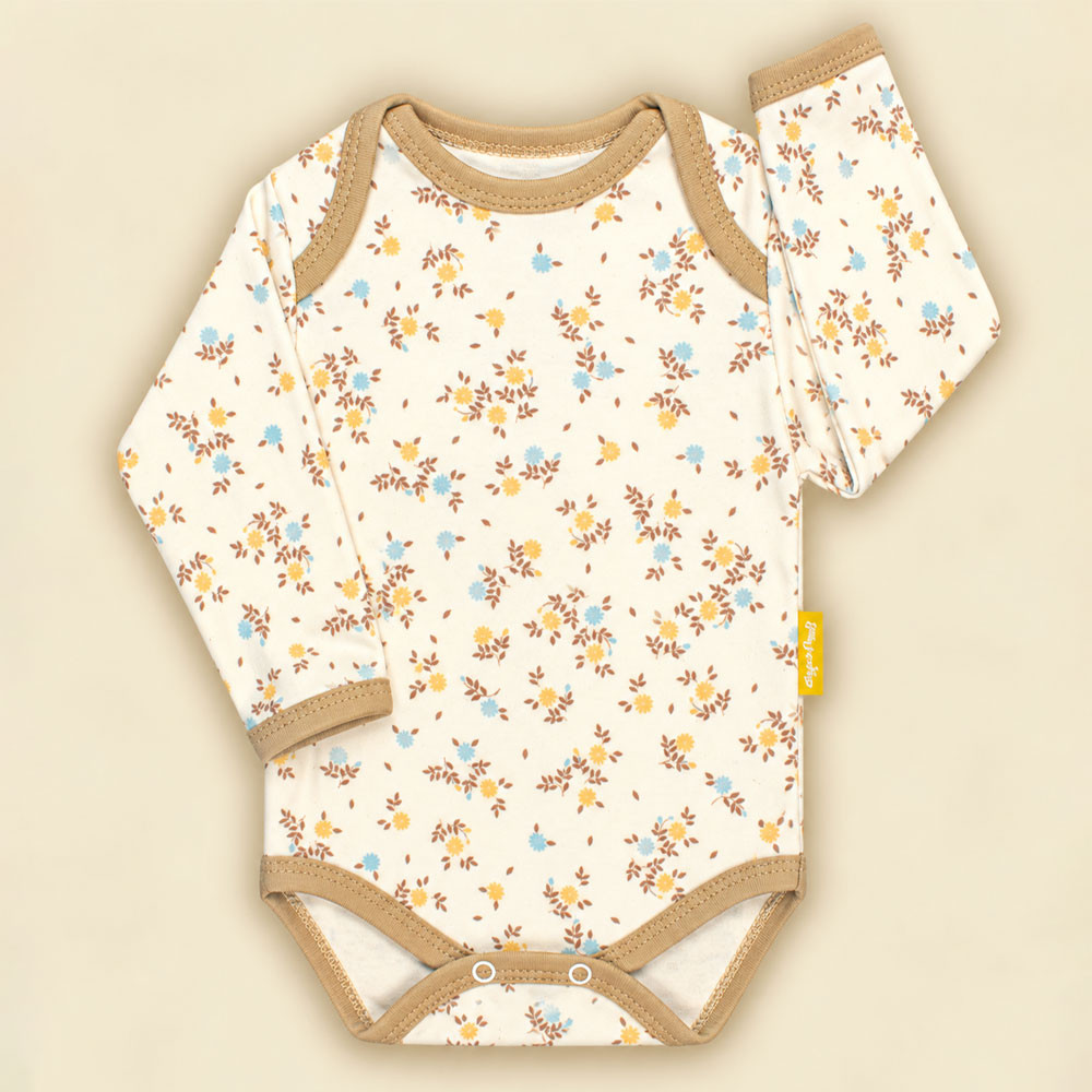 Body Bebê Manga Longa Tecido Macelin Estampado Flores Creme de 0 a 12 Meses 
