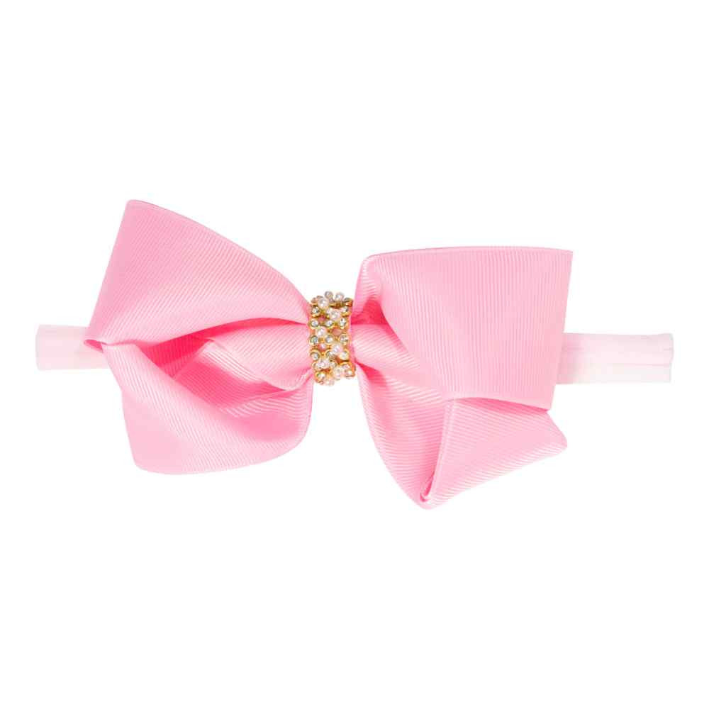 FAIXA DE CABELO PARA BEBÊ MENINA COM LAÇO E STRASS ROSA CLARO