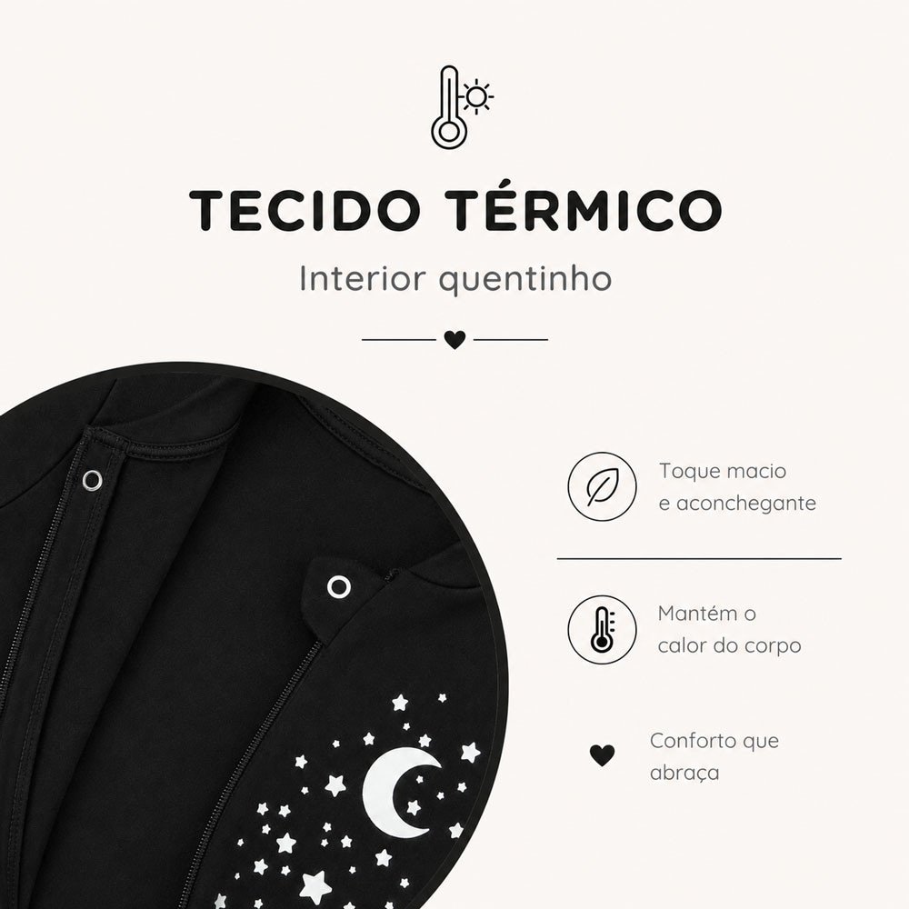 Macacão Térmico Bebê Brilha no Escuro Noite Quentinha Preto de 0 a 12 Meses