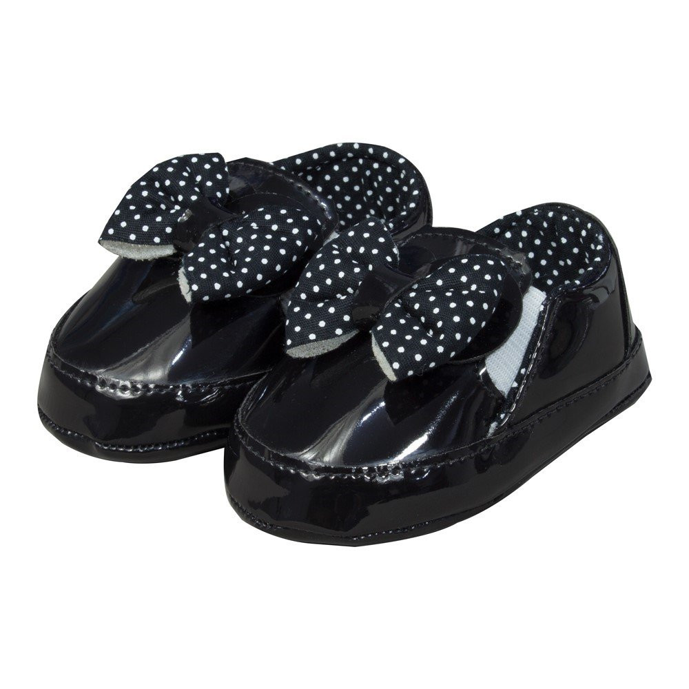 SAPATINHO PARA BEBÊ COM LACINHO ESTAMPADINHO COM POÁ PRETO