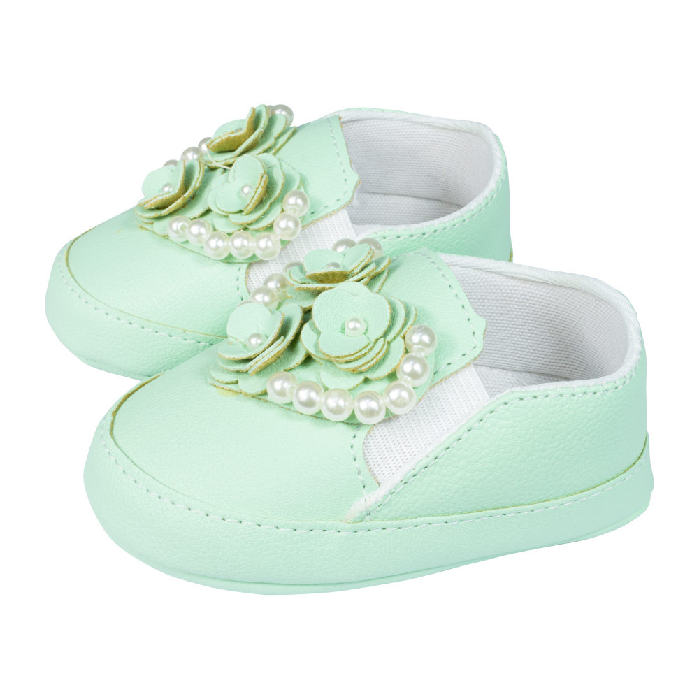 SAPATINHO COM ELÁSTICO PARA BEBÊ FLORES E PÉROLAS VERDE CLARO