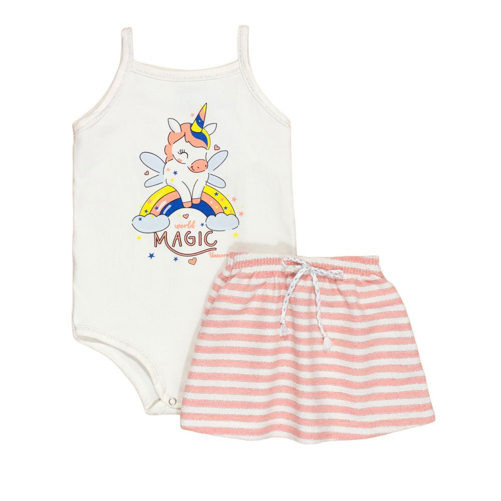 CONJUNTO INFANTIL 1 AO 3 BODY E SAIA UNICÓRNIO CREME