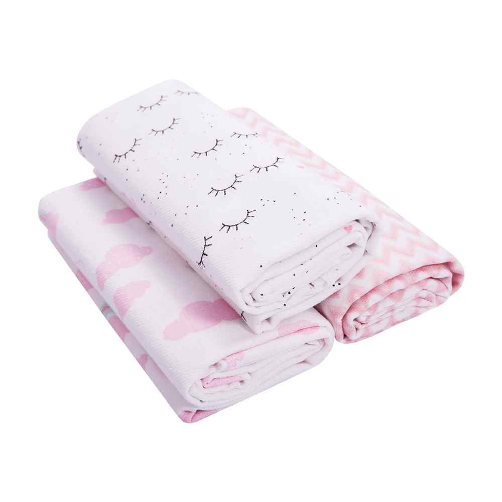 KIT CUEIRO FLANELADO 3 PEÇAS 80CM X 80CM BEBÊ MENINA ESTAMPADO CÍLIOS