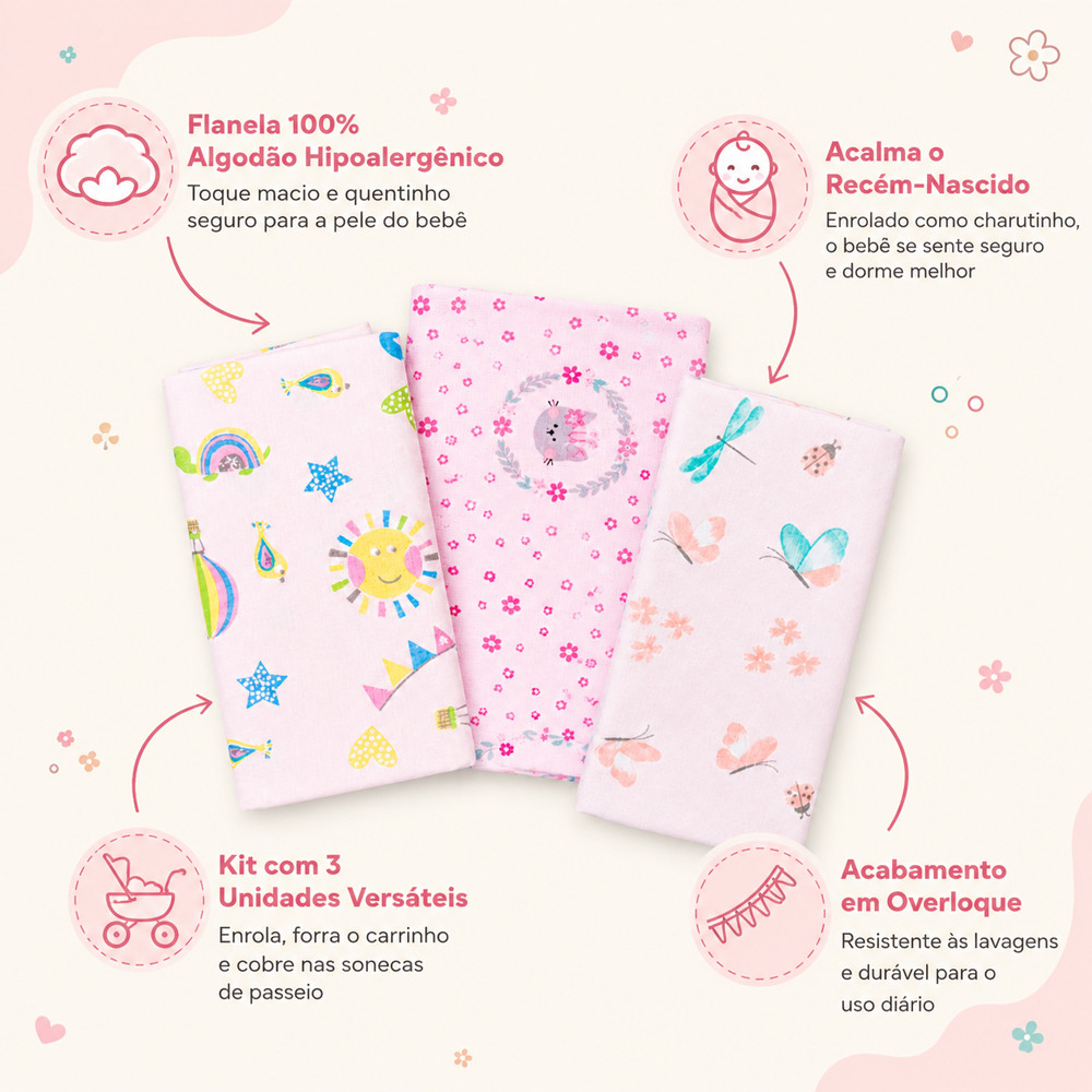 Kit 3 Cueiros Flanelados Bebê 100% Algodão 60x80cm Estampadinho Neutro