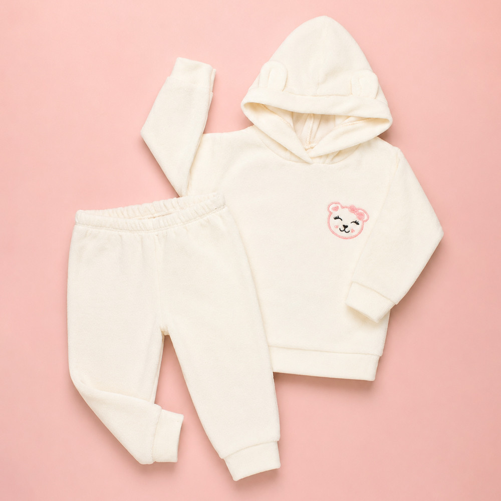 Conjunto Plush Com Capuz Beautiful Bear Creme com Pink