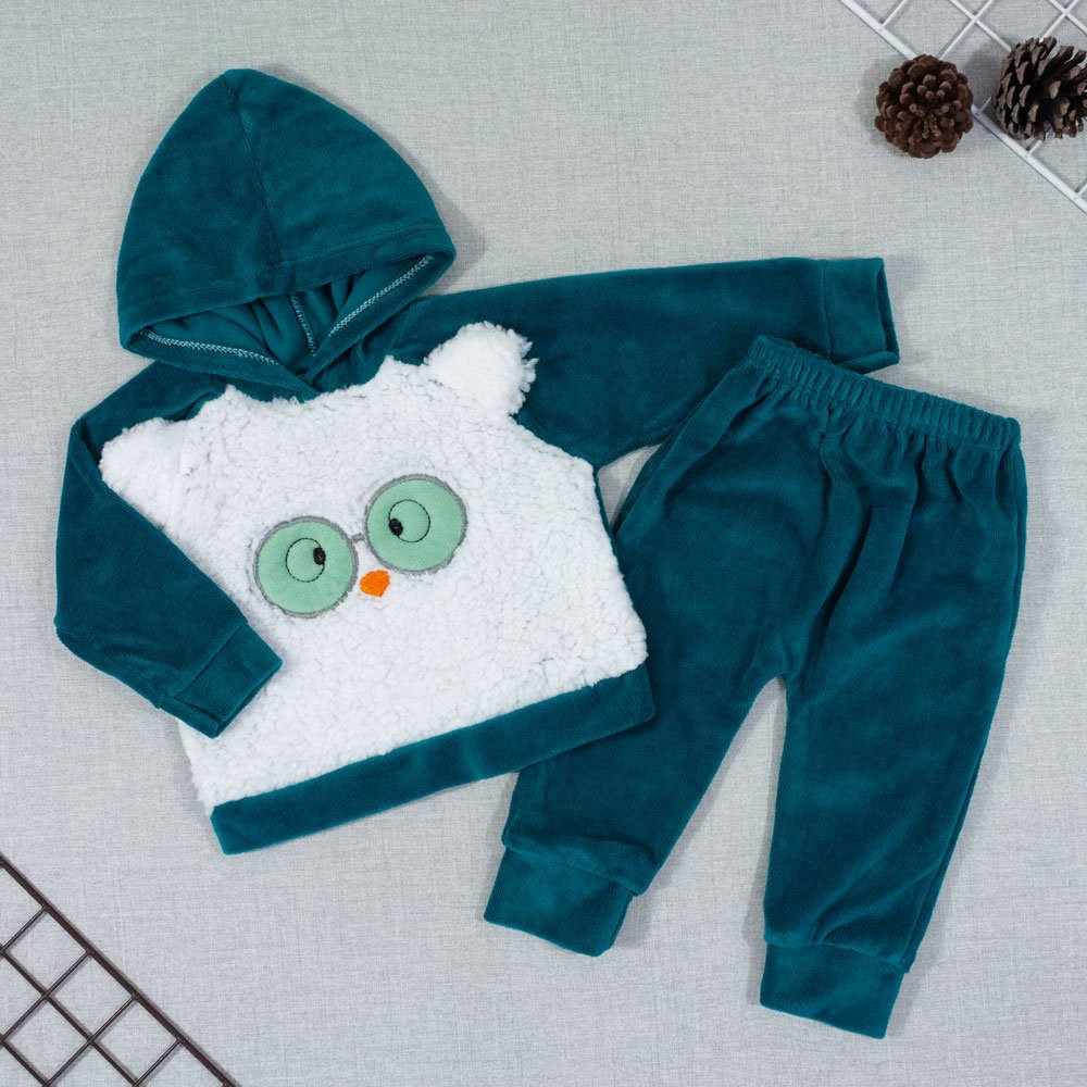 CONJUNTO PARA BEBÊ LONGO PLUSH COM CAPUZ E PELUCIA BORDADO VERDE
