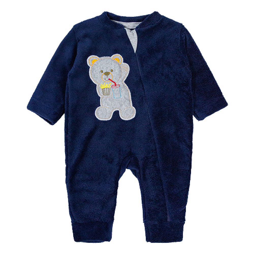 MACACÃO LONGO PELÚCIA ZÍPER PARA BEBÊ BORDADO URSO MARINHO