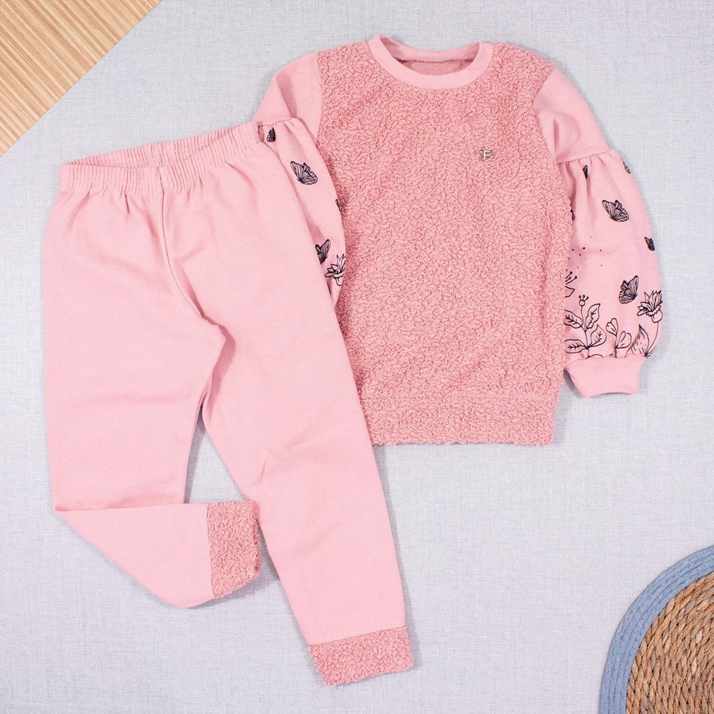 CONJUNTO INFANTIL 4 AO 8 PELUCIA MANGA BUFANTE CORAÇÃO ROSE