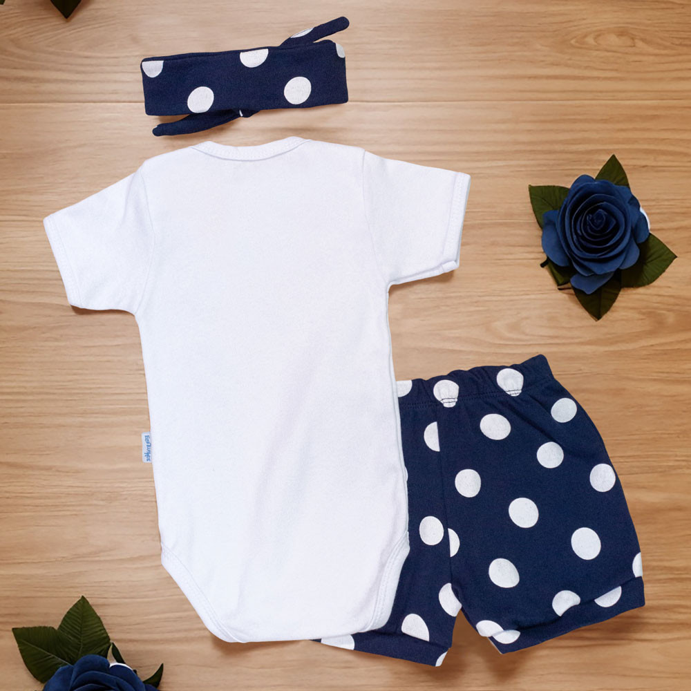 Conjunto de Verão Bebê Menina Faixa Minimalista Poá Marinho
