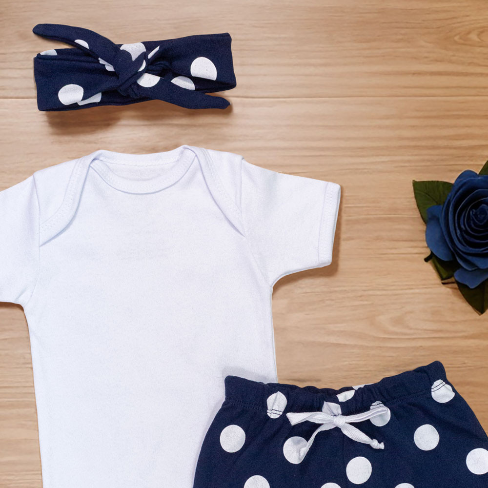 Conjunto de Verão Bebê Menina Faixa Minimalista Poá Marinho