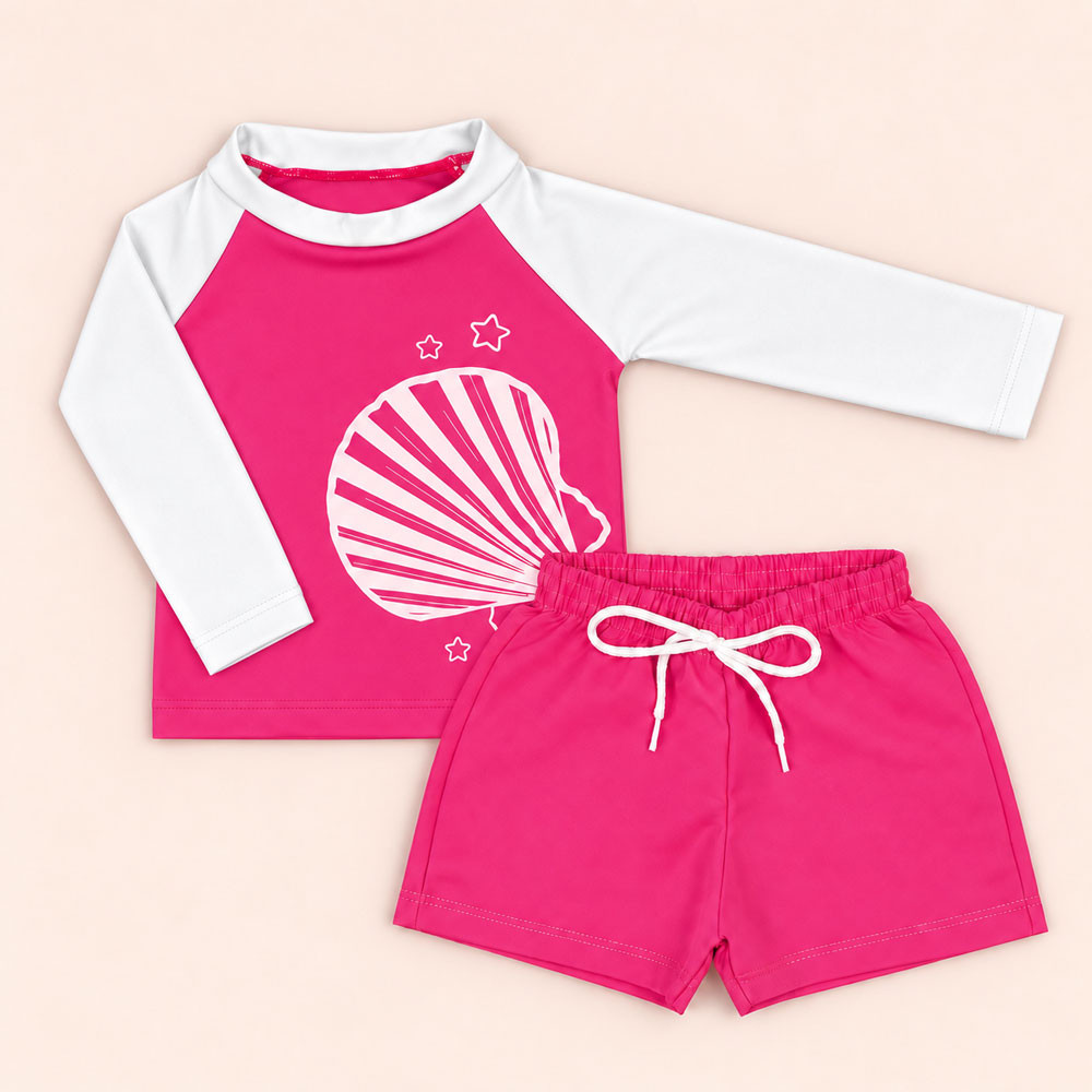 Conjunto de Praia Infantil Até 3 anos Camiseta UV 50+ e Shorts Mágico Pink e Branco