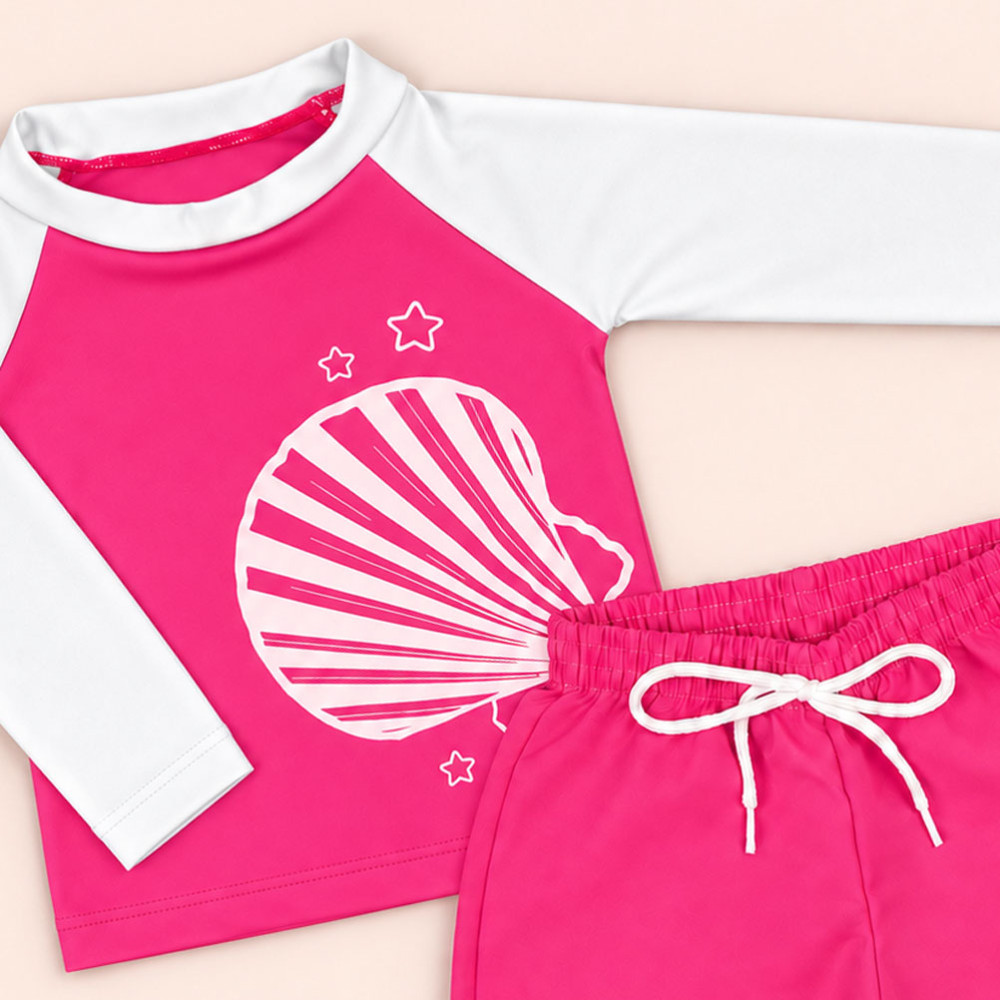 Conjunto de Praia Infantil Até 3 anos Camiseta UV 50+ e Shorts Mágico Pink e Branco