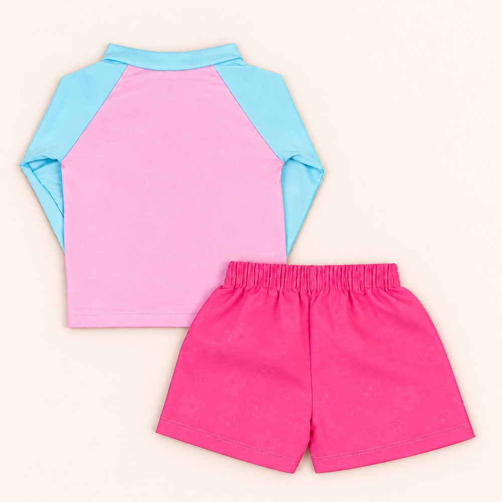 Conjunto de Praia Infantil Até 3 anos Camiseta UV 50+ e Shorts Mágico Rosa Claro