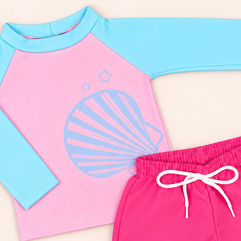 Conjunto de Praia Infantil Até 3 anos Camiseta UV 50+ e Shorts Mágico Rosa Claro