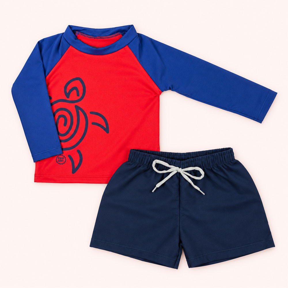 Conjunto de Praia Infantil Até 3 anos Camiseta UV 50+ e Shorts Mágico Vermelho