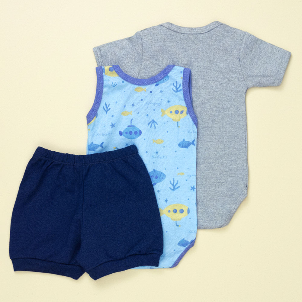 Conjunto Trio Bebê Verão Total com Body Regata, Body Curto e Shorts Azul Marinho 