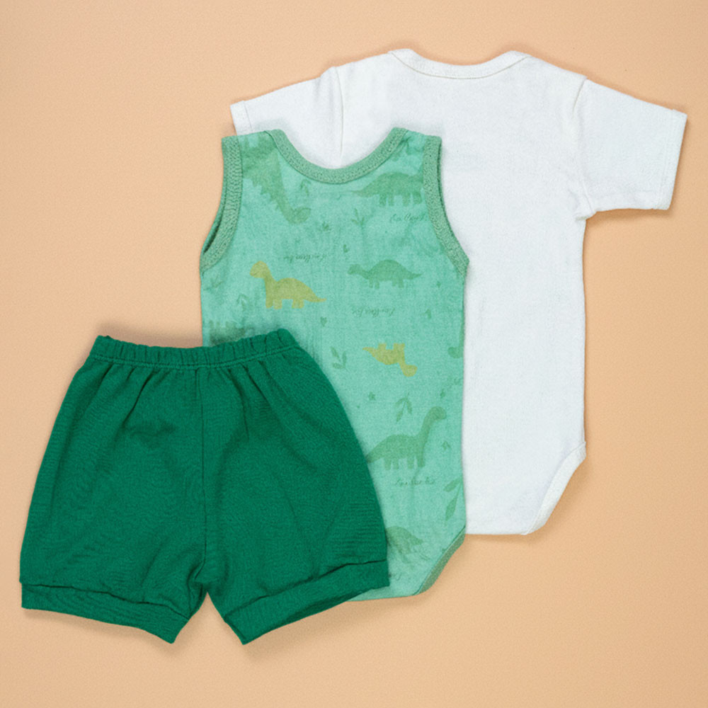 Conjunto Trio Bebê Verão Total com Body Regata, Body Curto e Shorts Verde