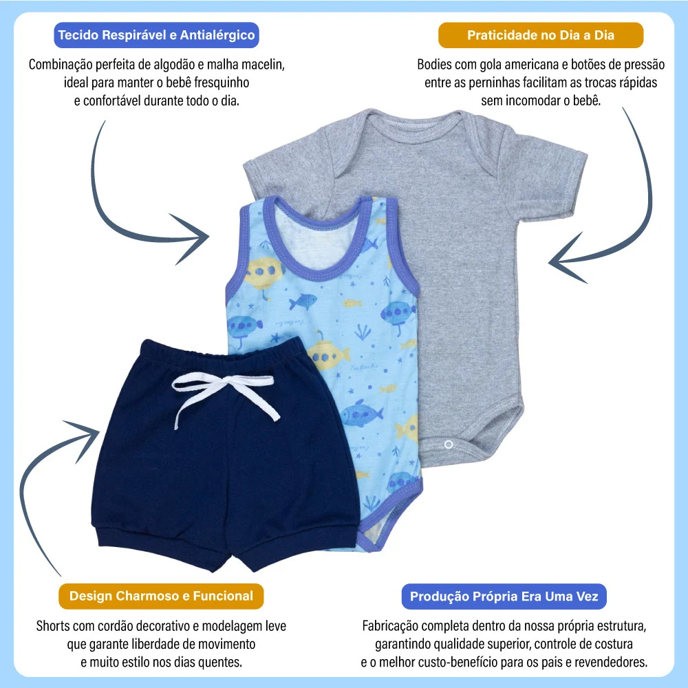 Conjunto Trio Bebê Verão Total com Body Regata, Body Curto e Shorts Caramelo 