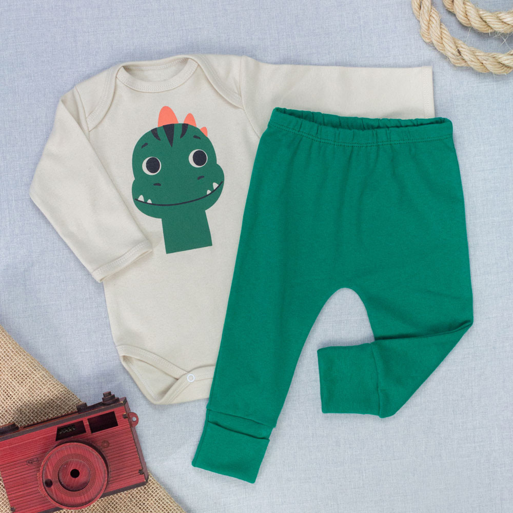 Conjunto Bebê Body Manga Longa Estampa Dino e Calça Pé Reversível