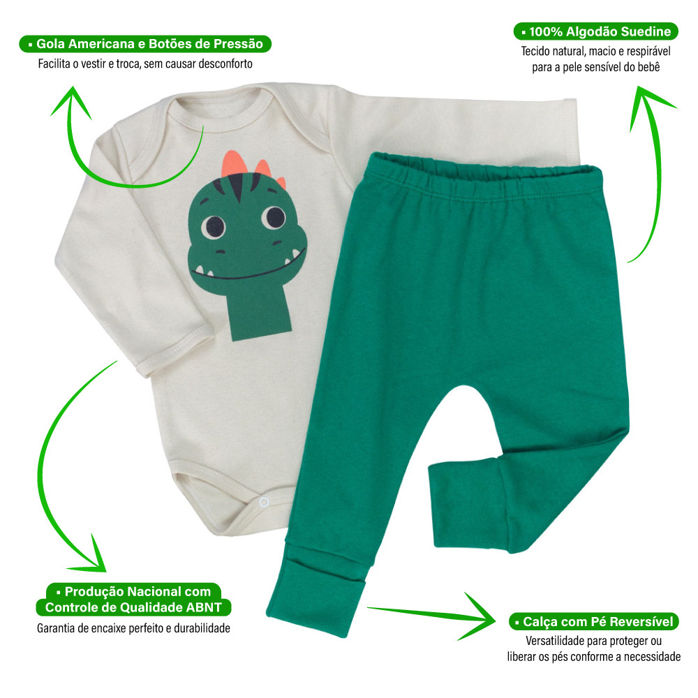 Conjunto Bebê Body Manga Longa Estampa Cachorrinho e Calça Pé Reversível