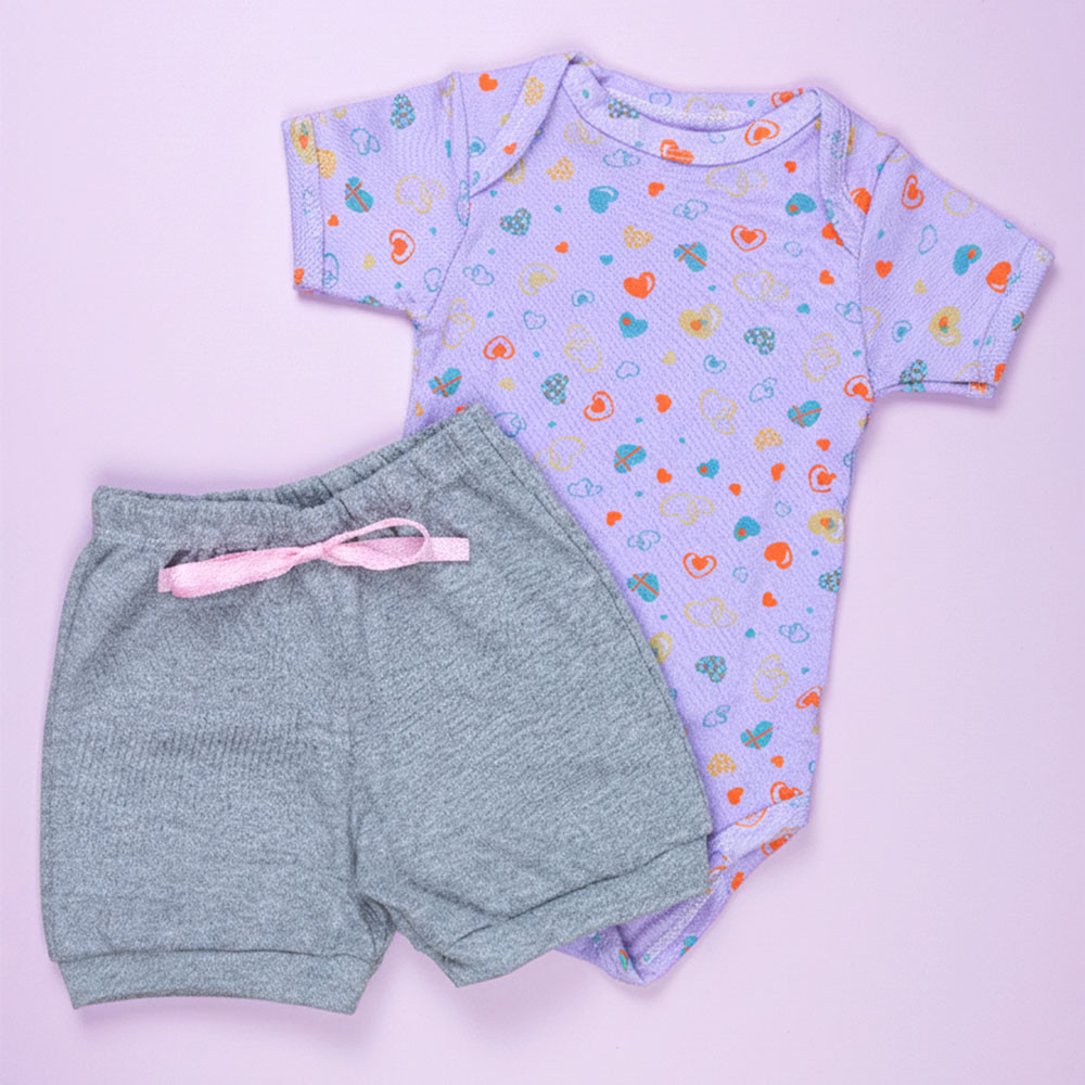 Look Bebê Menina Body Curto e Shorts 100% Algodão Lilás e Mescla