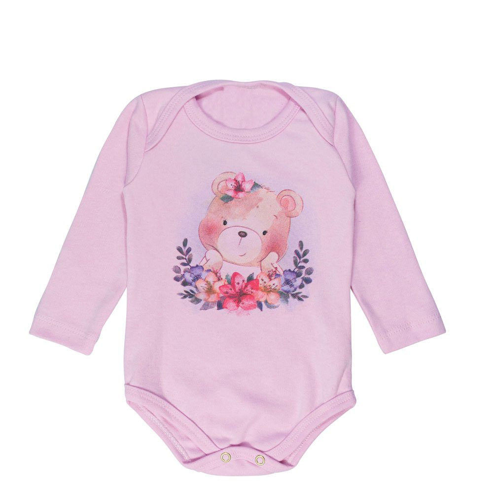 CONJUNTO BODY LONGO, CALÇA E FAIXA PARA BEBÊ ESTAMPADO URSINHA ROSA CLARO