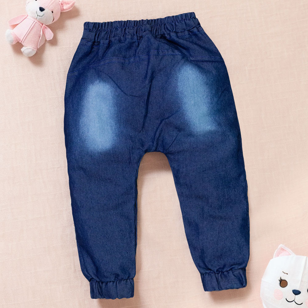 Calça Jeans Jogger Bebê Lavagem Escura e Cordão Rosa