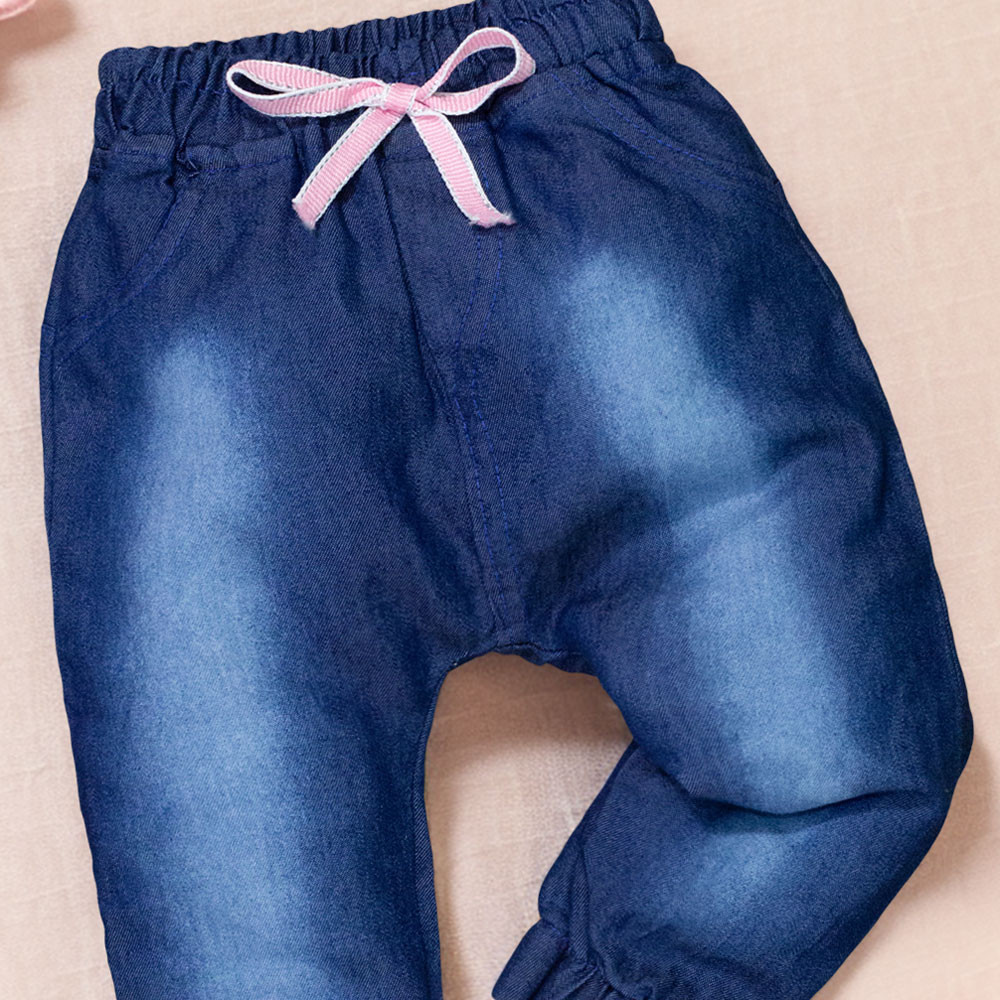 Calça Jeans Jogger Bebê Lavagem Escura e Cordão Rosa