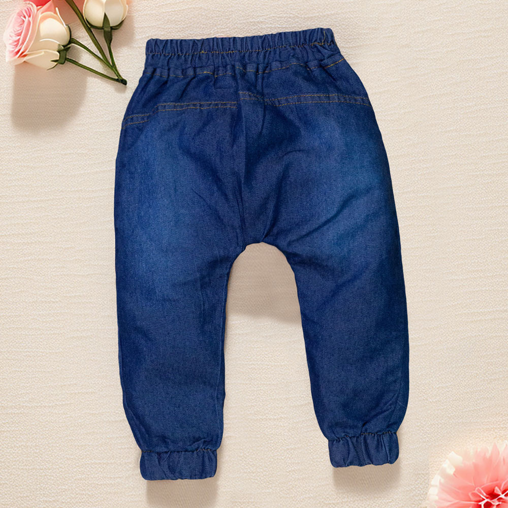 Calça Jeans Bebê Jogger Detalhe Linha Caramelo e Cordão Rosa