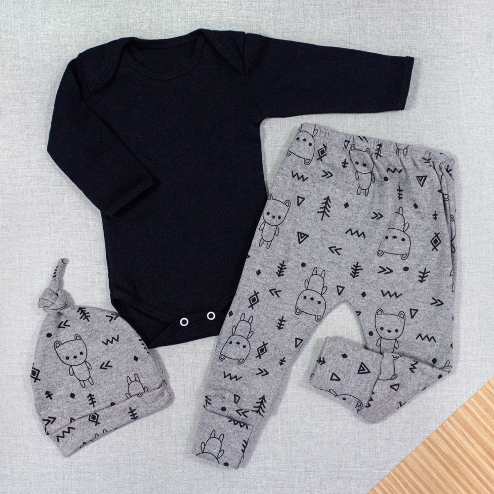 CONJUNTO LONGO COM TOUCA PARA BEBÊ ESTAMPADINHO PRETO E MESCLA