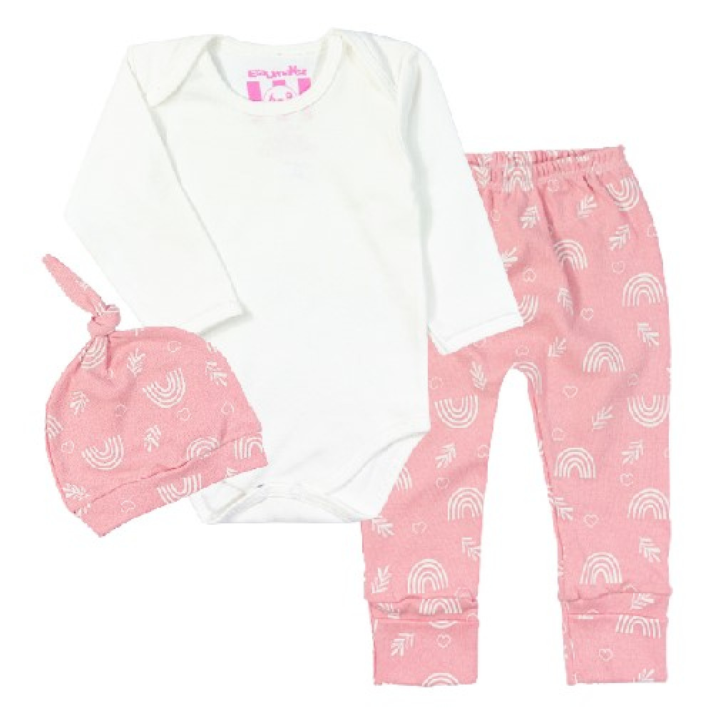CONJUNTO LONGO COM TOUCA PARA BEBÊ ESTAMPADINHO CREME E ROSÊ