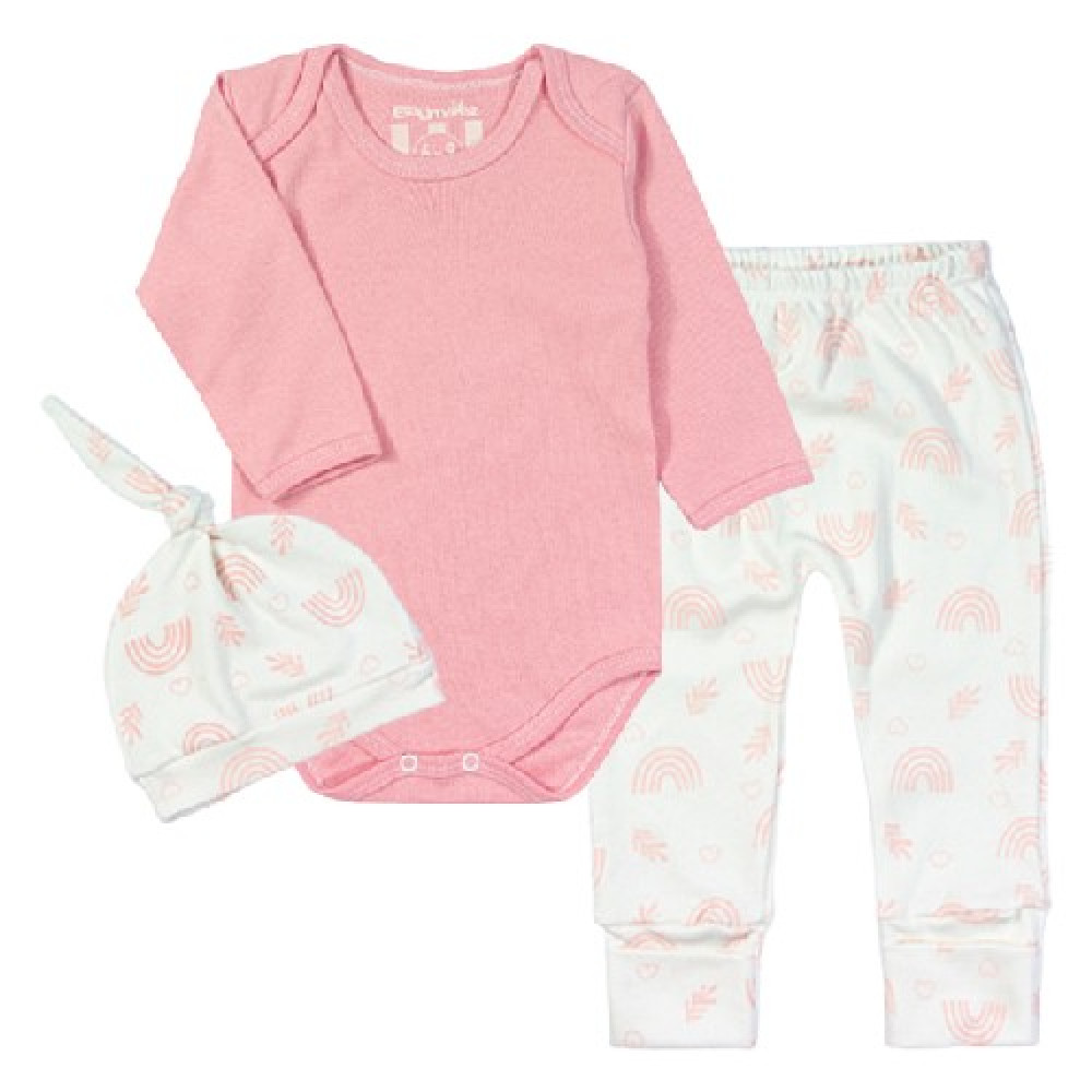 CONJUNTO LONGO COM TOUCA PARA BEBÊ ESTAMPADINHO ROSÊ E CREME