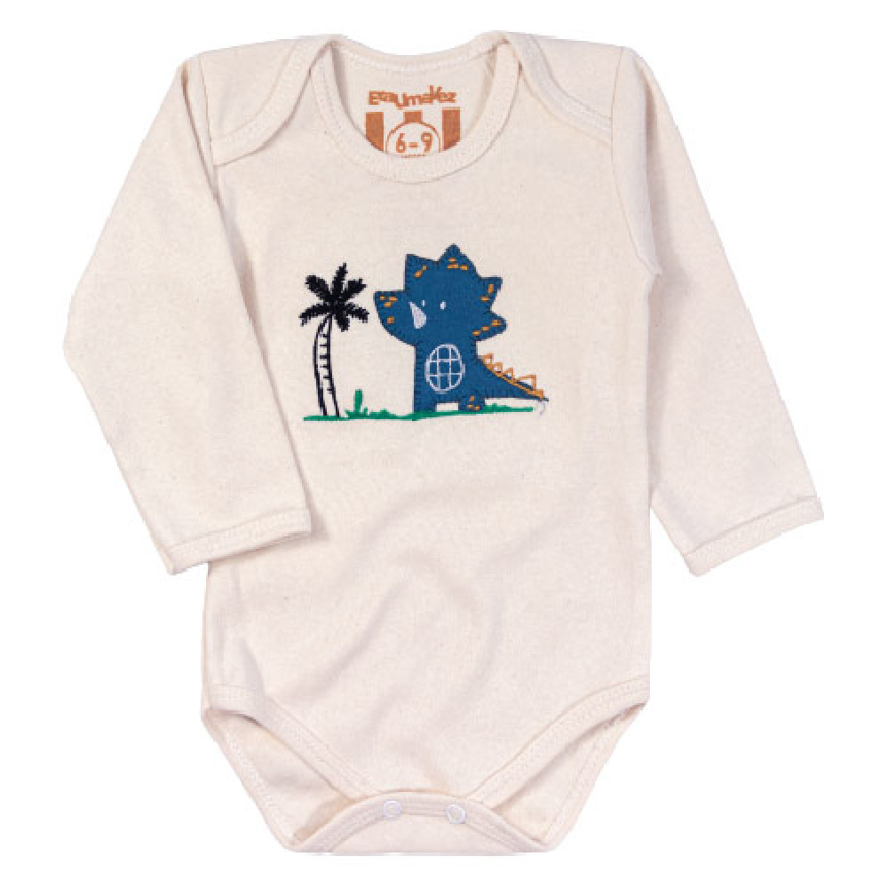 CONJUNTO LONGO COM TOUCA TECIDO ECOLÓGICO PARA BEBÊ BORDADO DINO