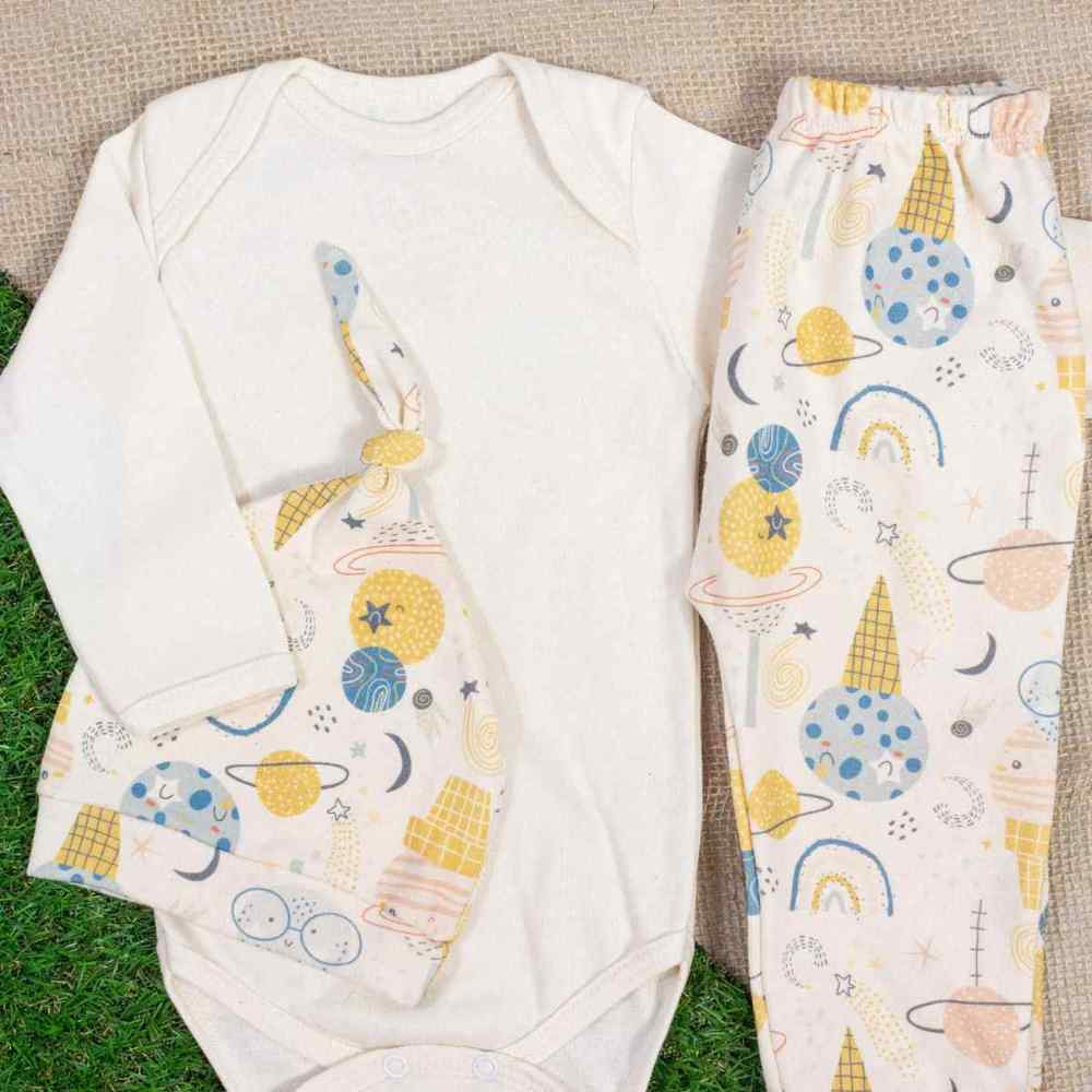CONJUNTO LONGO COM TOUCA TECIDO ECOLÓGICO PARA BEBÊ ESTAMPA SORVETE