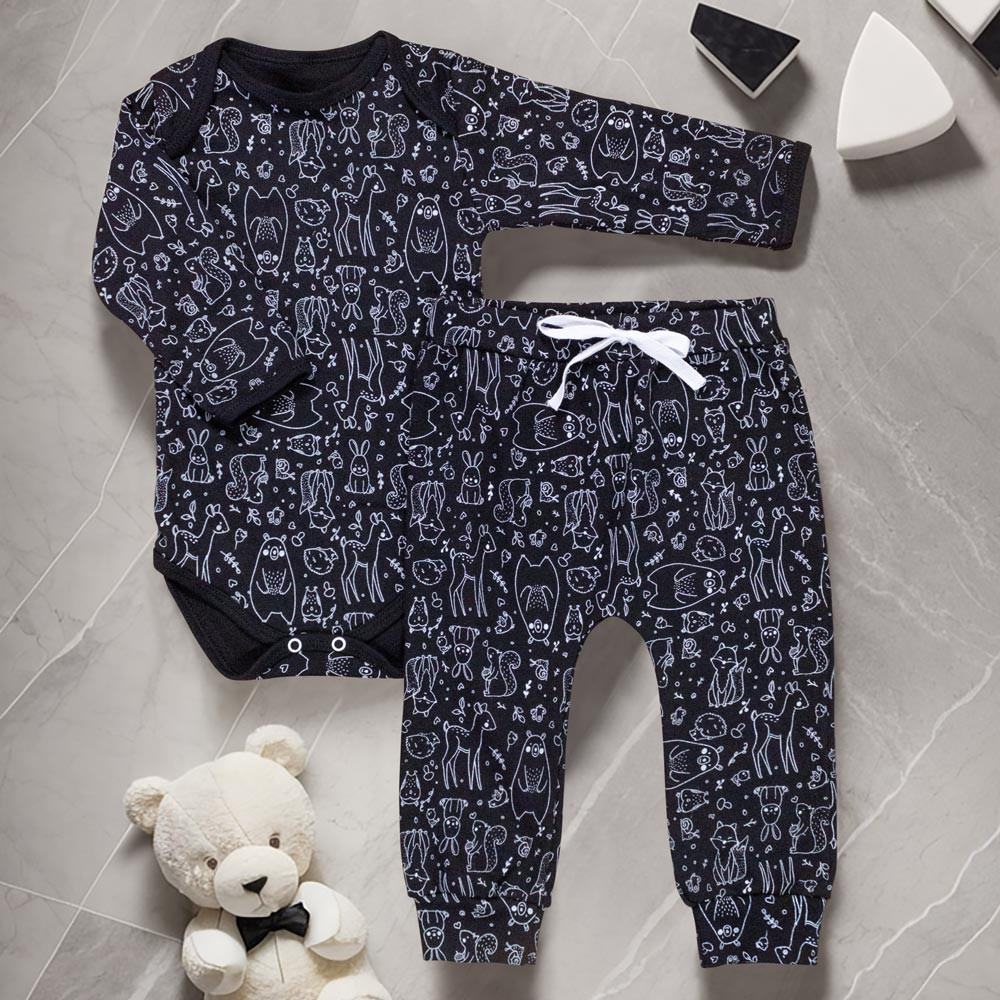 CONJUNTO PARA BEBÊ BODY LONGO E CALÇA MINIMALISTA FLORESTA PRETO