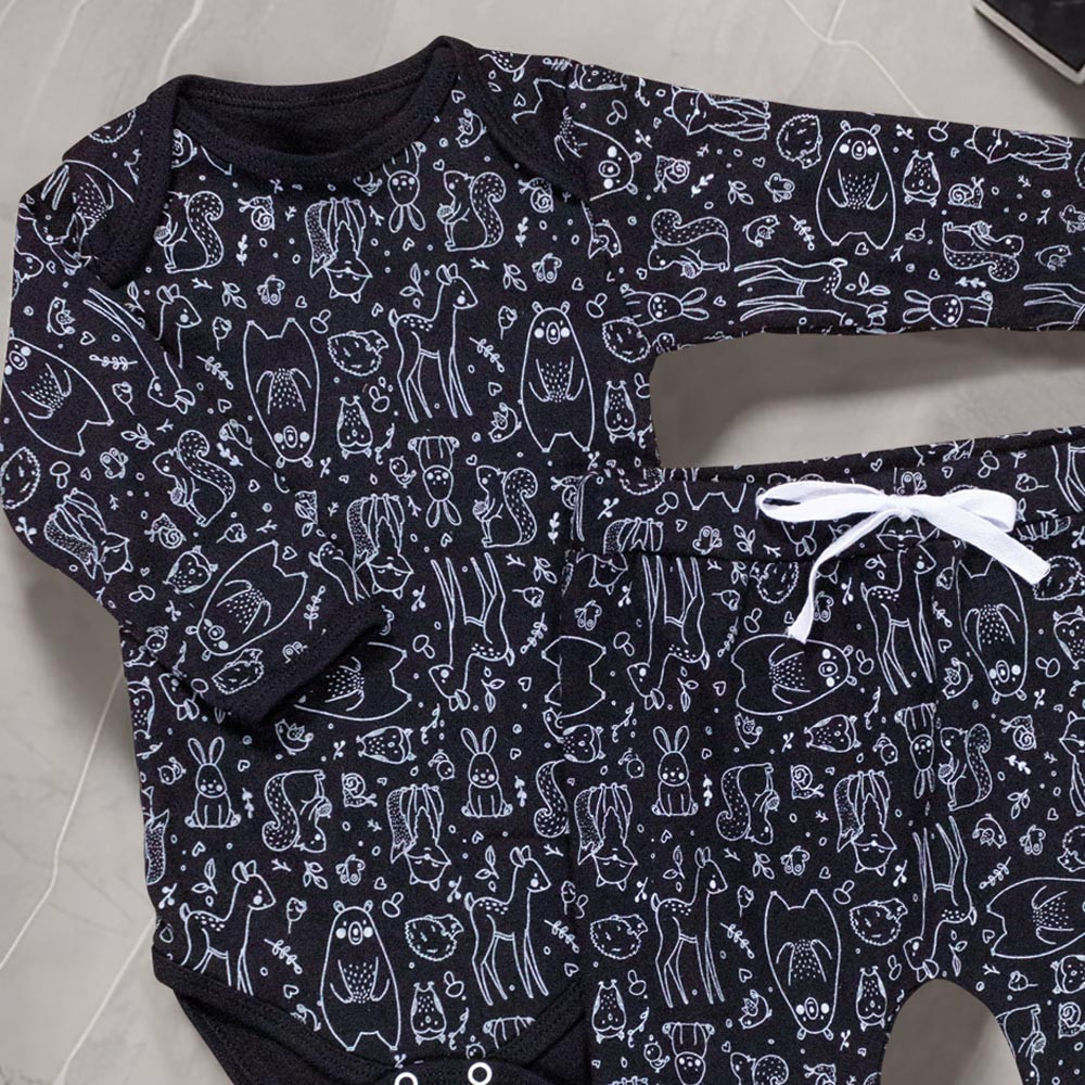 CONJUNTO PARA BEBÊ BODY LONGO E CALÇA MINIMALISTA FLORESTA PRETO