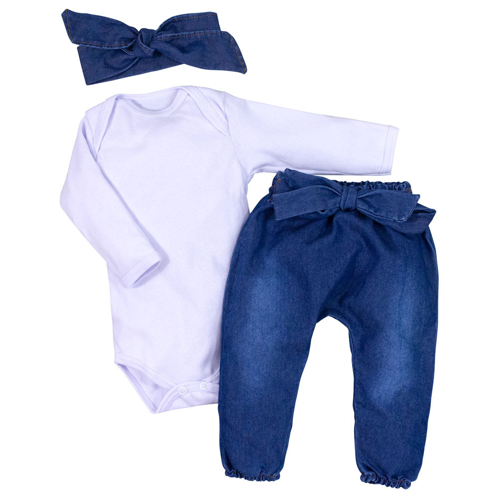 Conjunto para Bebê Body e Calça Jeans com Faixinha Branco