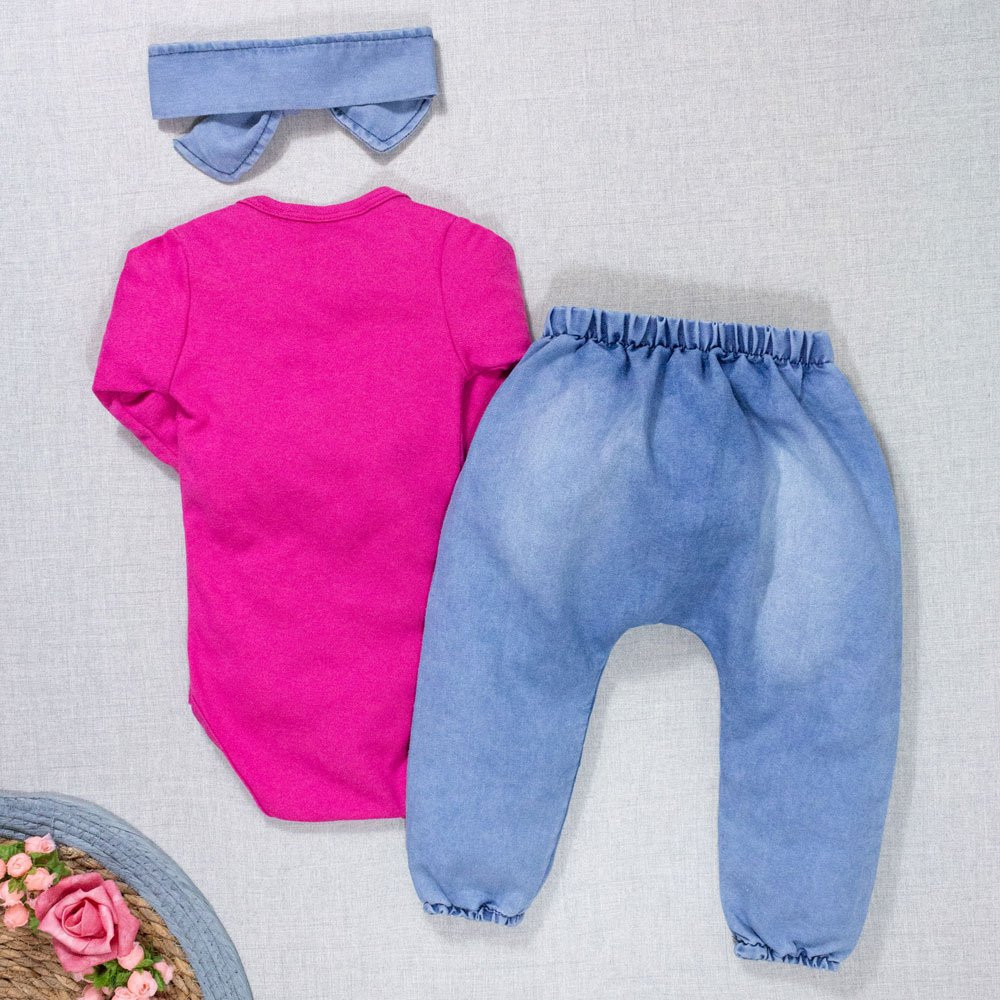 CONJUNTO PARA BEBÊ BODY LONGO E CALÇA JEANS COM FAIXINHA PINK