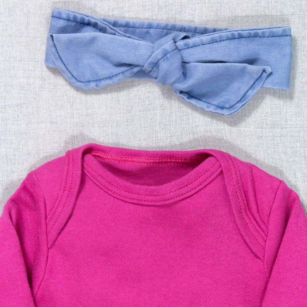 CONJUNTO PARA BEBÊ BODY LONGO E CALÇA JEANS COM FAIXINHA PINK