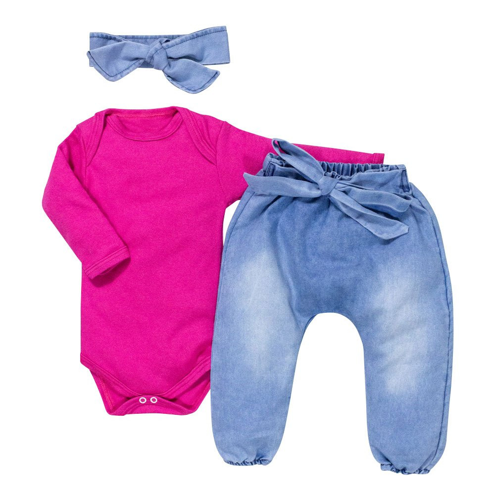 CONJUNTO PARA BEBÊ BODY LONGO E CALÇA JEANS COM FAIXINHA PINK